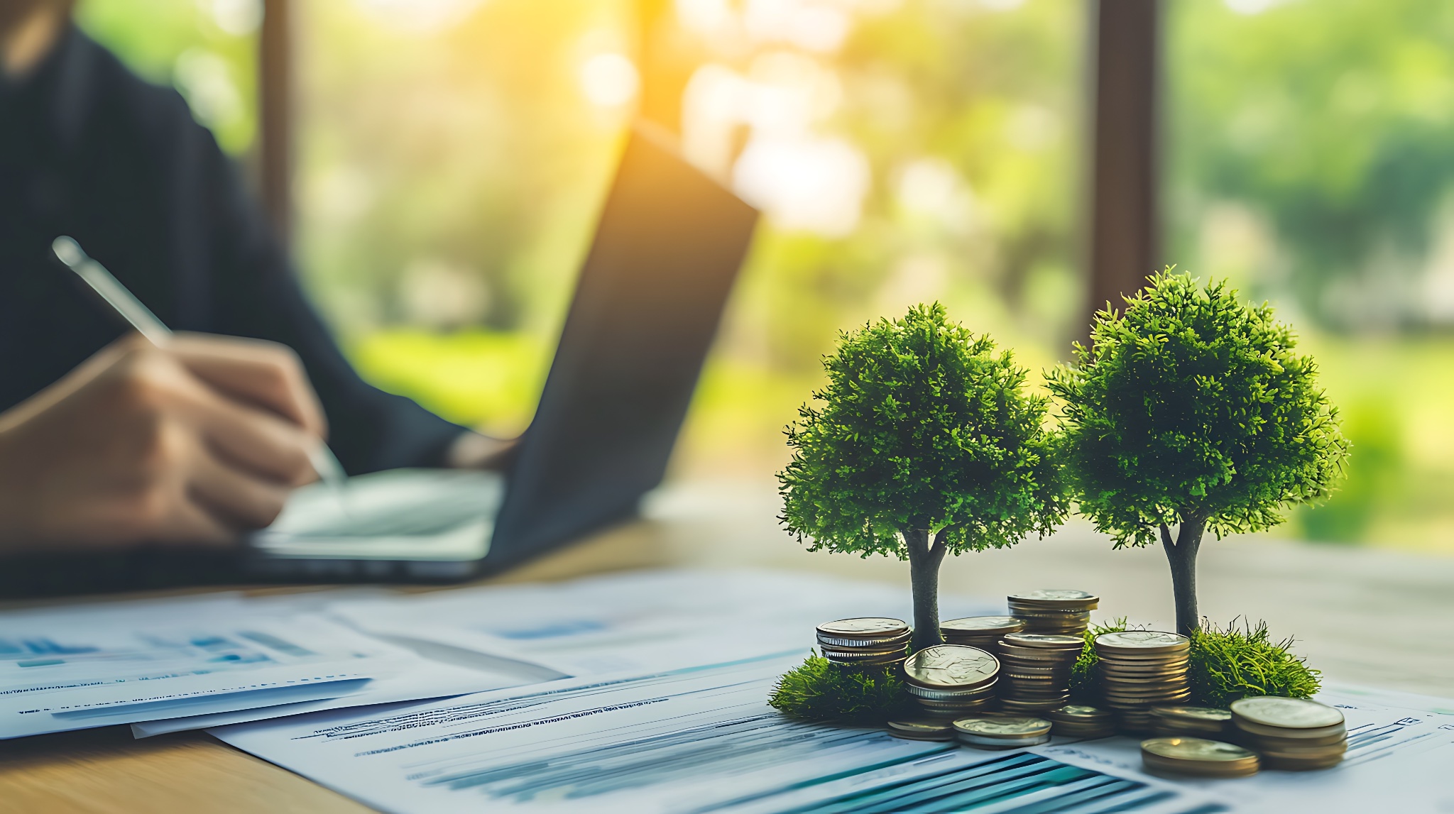 ESG sustainable finance — trees growing from coins on financial reports